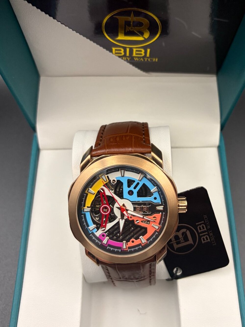 BIBI (Luxury) - Rose gold case, multi-color dial, coffee leather strap (B1113)